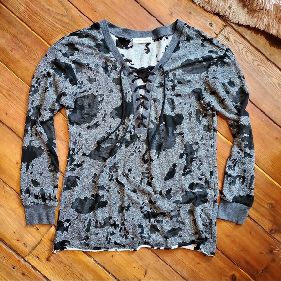 Gilded Intent Tops - Buckle Gilded Intent Knit Lace Up Top, Black/grey